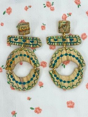 Handcrafted Teal Accent Wooden Drop Earrings - Women's Jewelry